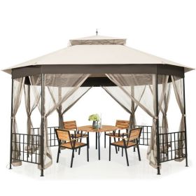 10x12 Ft Outdoor Octagon Gazebo with Mosquito Netting Sidewalls, Beige Canopy Patio Shelter for Backyard, Garden & Outdoor Entertaining
