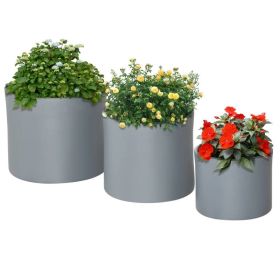 Set of 3 Stackable Grey Flower Pot Planters, Round Outdoor Plastic Planters with Drainage Holes for Patio, Garden & Balcony