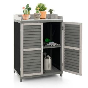 Grey Solid Wood Outdoor Potting Bench with Storage Cabinet & Metal Top, Garden Workstation Table for Patio, Backyard & Planting Supplies