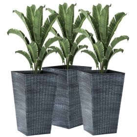 Set of 3 Grey Faux Rattan Planter Pots, Tall Large Outdoor Flower Pots for Patio, Garden, Porch & Indoor Plants