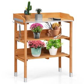 Solid Wood Outdoor Garden Bench Table with Metal Top and Bottom Storage Shelves, Potting Workstation for Patio, Backyard & Gardening