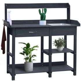 Grey Wood Outdoor Potting Bench with Removable Sink, Garden Workstation with Storage Shelf for Planting, Gardening & Patio Organization