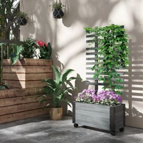 Modern Farmhouse Grey Wood Raised Garden Bed Planter with Trellis on Wheels, Mobile Outdoor Vegetable & Flower Planter Box