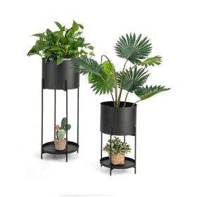 Set of 2 Black Metal Plant Stands with Bottom Shelf, Indoor & Outdoor Garden Flower Pot Display Stand
