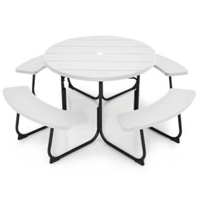 Outdoor Picnic Table Set for 8, White HDPE & Metal Patio Dining Table with Benches and Umbrella Hole