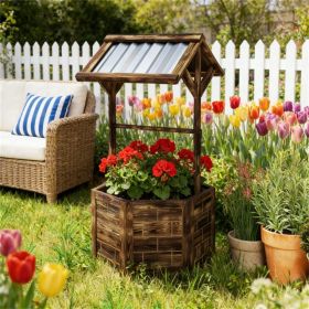 Wooden wishing well, wishing well flowerpot, tan