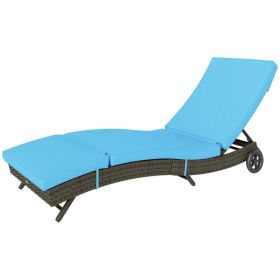 Outdoor Patio Wicker Chaise Lounge Chair, PE Rattan Sun Lounger with Adjustable Backrest & Wheels, Poolside Deck Seating, Sky Blue (Option: Sky Blue)