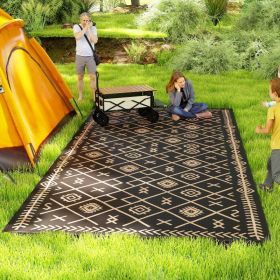 9x18 Reversible Outdoor Rug, Waterproof Plastic Straw Patio Mat with Carry Bag, Black & Brown Rhombus for Camping, Deck & RV (Option: Brown)