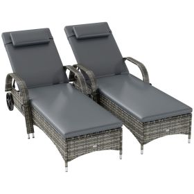2 Pack Outdoor Reclining Chaise Lounge Chairs with Cushions, Pillows, Headrests & Wheels, Adjustable Patio Lounge Chairs Gray (Option: Gray)
