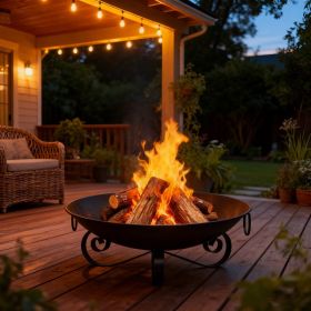24 Inch Heavy Duty Metal Fire Pit Bowl, Outdoor Wood Burning Firepit with Handles for Backyard, Patio, Garden & Camping (Option: Black)
