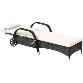 Outdoor Rattan Chaise Lounge Chair with 5-Level Adjustable Backrest, Wheels, Cushion & Headrest, Patio Pool Lounge Chair for Deck, Cream (Option: Cream)