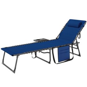 Folding Outdoor Chaise Lounge Chair with 5-Level Adjustable Backrest, Side Table, Pillow & Pocket, Patio Tanning Chair for Pool & Beach, Dark Blue (Option: Dark Blue)