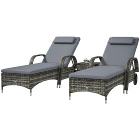 2 Pack Patio Wicker Chaise Lounge Chairs with Table, Adjustable Backrest, Wheels, Cushions & Headrests, Outdoor Poolside Furniture Set, Gray (Option: Gray)