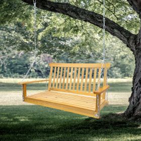 Outdoor Front Porch Swing with Armrests, Wooden Bench Swing with Hanging Chains, Patio Garden Yard Seating for Porch, Backyard & Sunroom (Color: Teak)