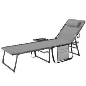 Folding Outdoor Chaise Lounge Chair with 5-Level Adjustable Backrest, Side Table, Pillow & Pocket, Patio Tanning Chair for Pool & Beach, Gray (Option: Gray)