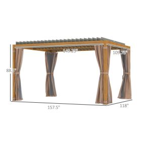 10x13 Outdoor Retractable Pergola with Sun Shade Canopy, Louvered Roof, Curtains & Netting, Natural Wood Patio Garden Gazebo (Option: Natural Wood)