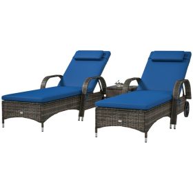 2 Pack Patio Wicker Chaise Lounge Chairs with Side Table, Adjustable Backrests, Wheels, Cushions & Headrests, Outdoor Set, Blue (Option: Blue)