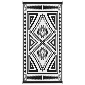 9x18 Ft Reversible Outdoor Rug, Waterproof Plastic Straw Patio Mat with Carry Bag, Black & White Square Patchwork Design (Option: Black)