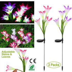 2 Pack Solar Lily Flower Garden Lights, 7 Color Changing LED Outdoor Lights, IP65 Waterproof Landscape Decor for Lawn, Patio & Garden (Option: PinkPurple)