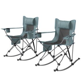 2 Pack Folding Rocking Camping Chairs, Portable Outdoor Chairs with Headrest, Cooler Bag, Cup Holder & Carry Bag for Camping, Beach & Patio (Option: Gray)