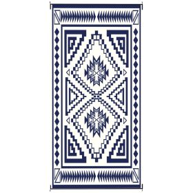 Reversible Outdoor Rug 9x18 ft, Waterproof Plastic Straw Patio Mat with Carry Bag, Blue & White Square Patchwork Design (Option: Blue)
