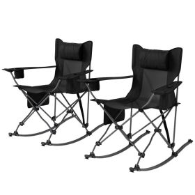2 Pack Folding Rocking Camping Chairs with Headrest, Cooler Bag & Cup Holder, Portable Outdoor Rocking Chairs with Carry Bag, Black (Option: Black)