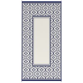 Reversible Outdoor Rug 9x18 ft, Waterproof Plastic Straw Patio Mat with Carry Bag, Blue & White Gourd Border Design (Option: Blue)