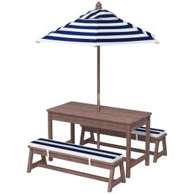 Outdoor Wooden Kids Picnic Table with Benches, Cushions & Umbrella, Children's Patio Furniture Set for Backyard, Garden & Play Areas (Option: Navy Blue)