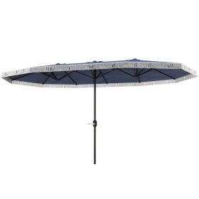 15 FT Rectangle Patio Umbrella with Fringe & Crank Handle, Extra Large Outdoor Umbrella for Patio, Garden, Poolside & Backyard, Dark Blue (Option: Dark Blue)