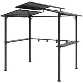 8x5 Ft Hardtop Grill Gazebo with Double Metal Roof, Outdoor BBQ Shelter with 2 Side Shelves & 4 Cup Holders for Patio, Backyard & Deck (Option: Black)