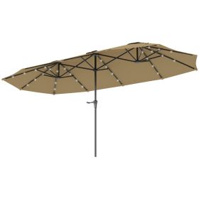 Double Sided Market Patio Umbrella with Solar Lights, Large Outdoor Umbrella with Crank Handle for Garden, Pool, Yard & Deck, Khaki (Option: Khaki)