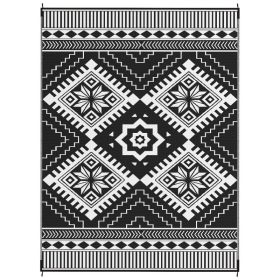 Reversible Outdoor Rug 9x12 ft, Waterproof Plastic Straw Patio Mat with Carry Bag, White & Black Toothed Rhombus Design (Option: White)