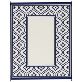 Reversible Outdoor Rug 8x10 ft, Waterproof Plastic Straw Patio Mat with Carry Bag, Blue & White Gourd Border Design (Option: Blue)