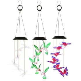 3 Pack Solar Hummingbird Butterfly Dragonfly Wind Chimes, 7 Color Changing LED Outdoor Garden Decor with IPX4 Waterproof Design (Option: 3Pcs)