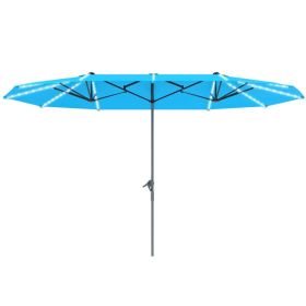 15ft Double Sided Outdoor Umbrella with Solar Lights, Extra Large Aluminum Patio Umbrella with Crank, Blue (Option: Blue)