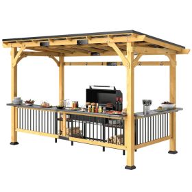 13x6 Wooden BBQ Grill Gazebo, Outdoor Hardtop Grill Shelter with Metal Roof, 2 Bar Shelves & 6 Hooks for Patio, Backyard & Entertaining (Option: Natural)