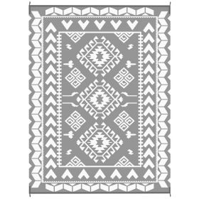 Reversible Outdoor Rug 9x12 ft, Waterproof Plastic Straw Patio Mat with Carry Bag, Gray & White Rhombus Patchwork Design (Option: Gray)