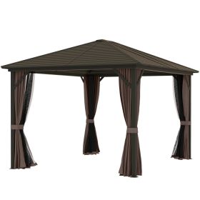 10x12 Ft Hardtop Gazebo with Curtains & Netting, Outdoor Patio Canopy with Aluminum Frame and Hooks, Backyard Garden Shelter (Option: Coffee)