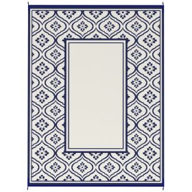 Reversible Outdoor Rug 9x12 ft, Waterproof Plastic Straw Patio Mat with Carry Bag, Blue & White Gourd Border Design (Option: Blue)