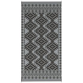 Reversible Outdoor Rug 9x18 ft, Waterproof Plastic Straw Patio Mat with Carry Bag, Black & Gray Rhombus Border Design (Option: Gray)