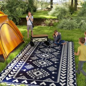 Reversible Outdoor Rug 9x18 ft, Waterproof Plastic Straw Patio Mat with Carry Bag, Blue & White Rhombus Patchwork Design (Option: Blue)