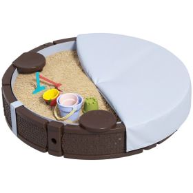 47" Round Kids Sandbox with Cover, 3 Seats & Waterproof Liner, Outdoor Sand Play Box for Backyard, Lawn, Garden & Beach (Option: Brown)