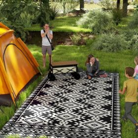 Reversible Outdoor Rug 9x18 ft, Waterproof Plastic Straw Patio Mat with Carry Bag, Black & White Rhombus Border Design (Option: Black)