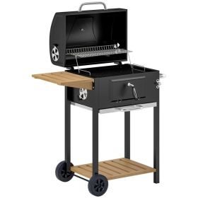 Charcoal BBQ Grill with Side Table, Portable Outdoor Barbecue Grill with Wheels & Storage Shelf for Camping, Patio & Backyard (Option: Black)