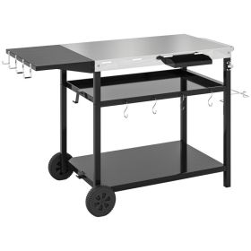 Outdoor Bar Cart Grill Table with Stainless Steel Top, Wheeled BBQ Serving Cart with Storage Shelves & Hooks for Patio (Option: Black)
