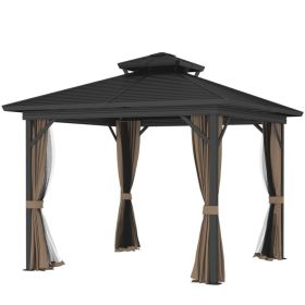 10x10 Hardtop Gazebo with Aluminum Frame, Metal Roof Outdoor Gazebo Canopy with Curtains & Hooks for Patio, Backyard & Garden (Option: Dark Brown)