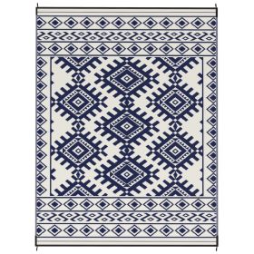 Reversible Outdoor Rug 9x12 ft, Waterproof Plastic Straw Patio Mat with Carry Bag, Blue & White Rhombus Border Design (Option: Blue)