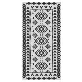 Reversible Outdoor Rug 9x18 ft, Waterproof Plastic Straw Patio Mat with Carry Bag, Black & White Rhombus Patchwork Design (Option: Black)