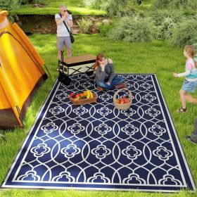 Reversible Outdoor Rug 9x18 ft, Waterproof Plastic Straw Patio Mat with Carry Bag, Blue & White Lantern Design (Option: Blue)