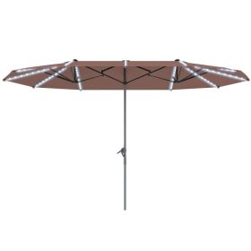 15ft Double Sided Outdoor Umbrella with Solar Lights, Extra Large Aluminum Patio Umbrella with Crank, Tan (Option: Tan)